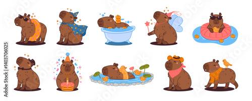 Capybara. Cartoon cute capybaras. Funny exotic animal characters. Doodle rodent in clothes celebrate, walk, relax, swim. Flat kid nice animals. Vector set on white background