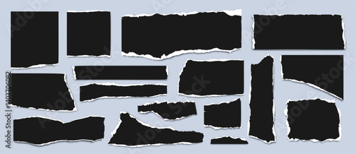 Ripped paper sheet. Black torn paper pieces. Collage blank, sharped torned notebook effect. Strip texture edge. Decorative note rough, jagged rips tape for text. Vector set