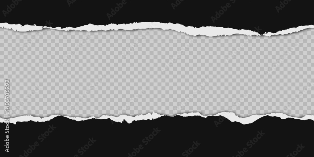 Torn paper banner. Black ripped sheet pieces. Horizontal background with shadow, rough, textured edges, effect. Minimalist design for text overlays. Vector template Torn paper banner. Black ripped sheet pieces. Horizontal background with shadow, rough, textured edges, effect. Minimalist design for text overlays. Vector template