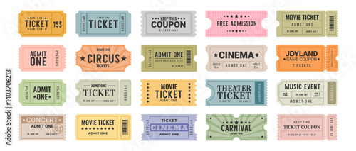 Vintage tickets. Retro admission pass. Admit One label for theater, circus, cinema, movie, concert music. Antique rectangular, rounded, perforated event ticket coupon. Vector set