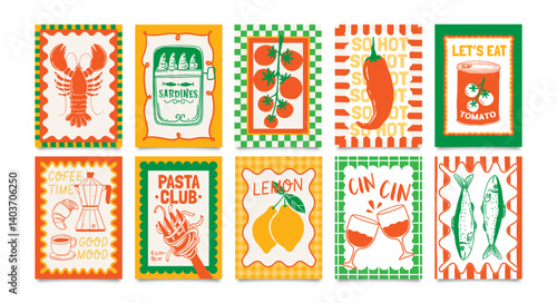 Food posters. Abstract kitchen card. Dolce Vita culinary composition with pasta, lobster, sardine, coffee in decorative frame. Italian cuisine banner for cafe. Vector set