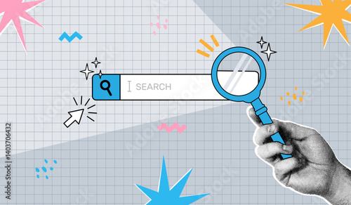 Search with hand and magnifying glass. Art collage shapes with search bar, arm holding magnifying glass and surfing online internet browser. Vector web surfing concept