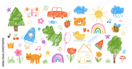 Kids drawing. Doodle simple child illustration. Hand drawn children pencil elements. Sketch chalk flower, sun, cloud, rainbow, animals. Naive crayon print. Vector set