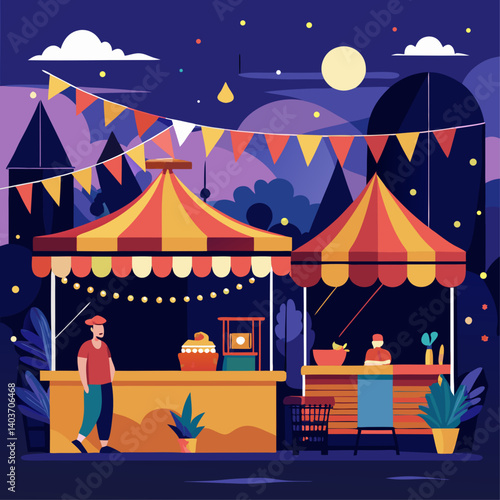 Wallpaper Mural A man stands outside a food stand with a woman behind him. The stand is lit up with lights and there are several chairs and benches around it. Scene is warm and inviting Torontodigital.ca