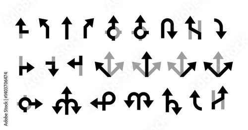 Road navigation arrows. Driving direction sign. Directional road mark, pathways, highway junctions, GPS navigation cursor icons. Wayfinding. Vector transport symbols