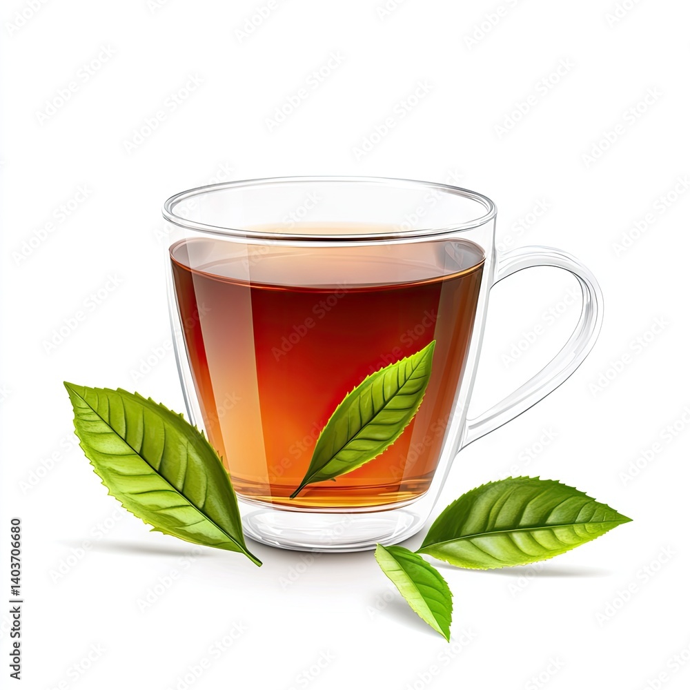 A clear glass teacup filled with dark tea, with fresh green tea leaves A clear glass teacup filled with dark tea, with fresh green tea leaves