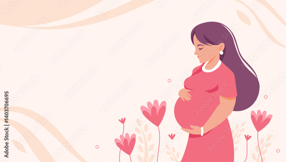 Pregnancy and motherhood. Concept banner with beauty pregnant woman hugging her belly with love. Poster with young woman and flowers, leaves. Vector illustration Pregnancy and motherhood. Concept banner with beauty pregnant woman hugging her belly with love. Poster with young woman and flowers, leaves. Vector illustration