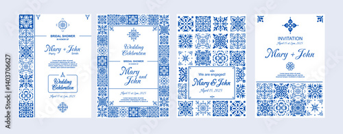 Azulejos invitation. Mediterranean tiles cards. Portuguese decorative texture elements for wedding invitations. Spanish blue and white party design template. Vacation vibe vector set