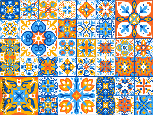 Azulejos tiles patterns. Portuguese ceramic tile seamless ornament. Traditional mediterranean style texture for interior decor. Spanish abstract geometric, floral vector background