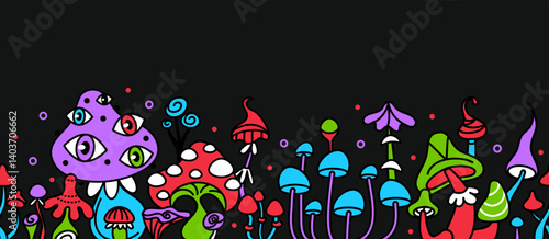 Psychedelic mushrooms border. Seamless frame with hippie mushrooms. Retro 70s mycelium repeat background. Vintage magic esoteric funky hallucinogenic fungi. Vector concept