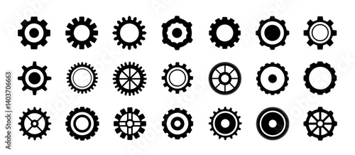 Gears. Simple mechanical cogwheel. Technology gears settings icon. Engineering, machinery wheel symbols. Circular or toothed shape objects. Simple cog. Flat steampunk style vector set