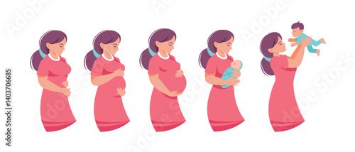 Pregnancy stages. Pregnant development. Cartoon calendar concept with changes in pregnant woman body. Woman with different belly size and birth newborn. Vector illustration