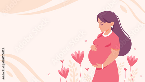 Pregnancy and motherhood. Concept banner with beauty pregnant woman hugging her belly with love. Poster with young woman and flowers, leaves. Vector illustration