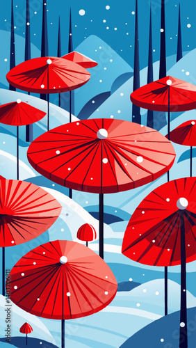 A group of red umbrellas are scattered across a snowy landscape. The umbrellas are placed in various positions, some are standing upright while others are leaning against trees