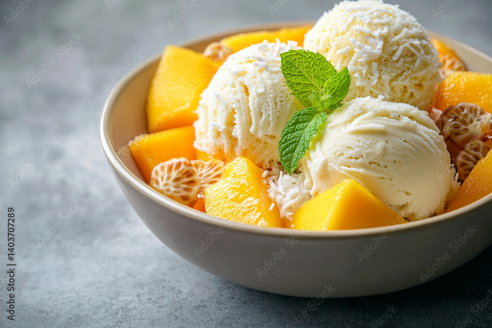 Tropical mango and coconut ice cream topped with fresh fruit slices and mint leaves - an exotic and refreshing take on the popular treat Tropical mango and coconut ice cream topped with fresh fruit slices and mint leaves - an exotic and refreshing take on the popular treat