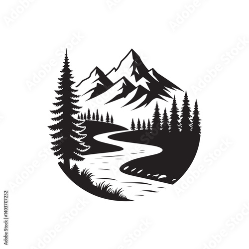 river mountain vector silhouette line art logo idea