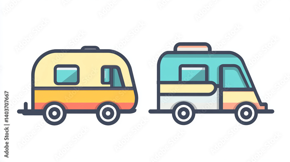 An outline and glyph-style caravan icon. An outline and glyph-style caravan icon.