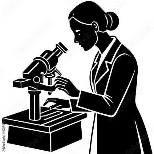 A silhouette of a woman laboratory assistant preparing microscope slides for observation