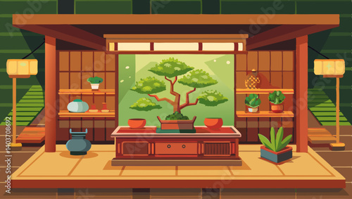 A Japanese styled home with a large bonsai tree in the center. The room is filled with potted plants and has a cozy, welcoming atmosphere