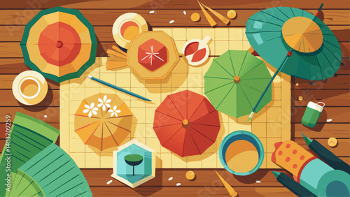 A table with a variety of colorful umbrellas and cups. Scene is cheerful and inviting