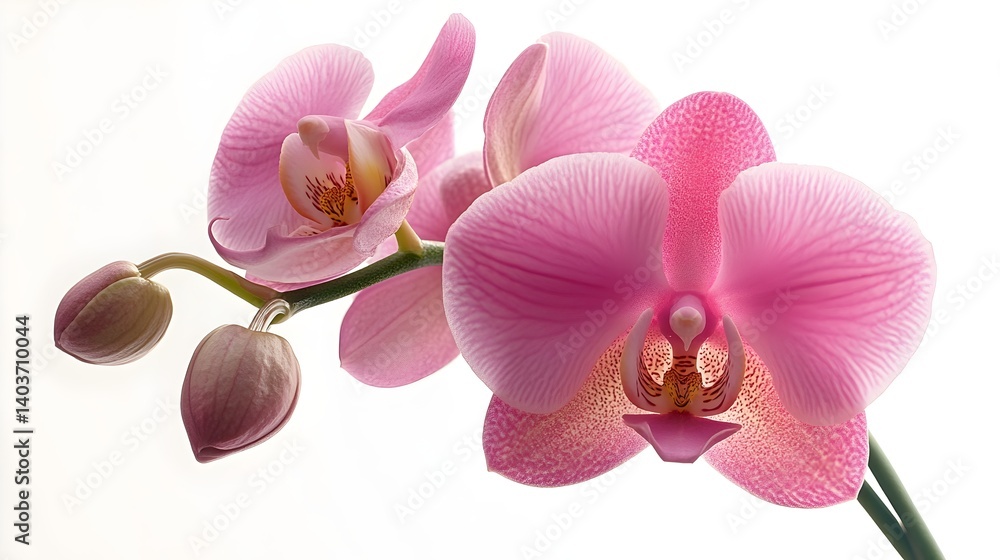 Obraz premium Beautiful orchids showcasing delicate pink petals in natural light with green stems, creating a serene atmosphere in a floral arrangement at home