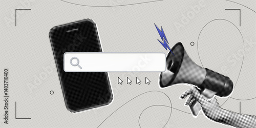 Trendy Halftone Collage Hand hold Megaphone. Phone with search bar. Find information. Online hiring job. Surrealism template metaphor. Seo marketing and promotion. Contemporary vector illustration art