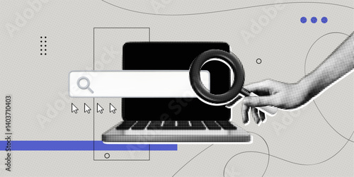 Trendy Halftone Collage Computer laptop and hand holds magnifying glass. Search for information on internet. Find job online. Hr looking for employees. Contemporary vector illustration art