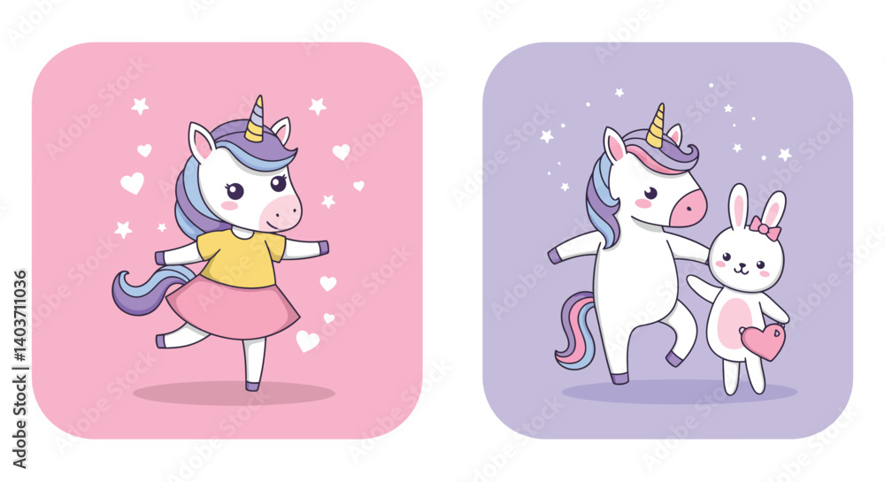 Obraz premium Cute unicorn character dancing in flat design style vector art with a playful bunny illustration