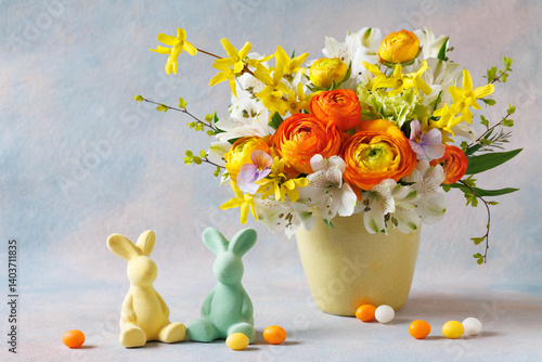 Beautiful bouquet of spring flowers in a vase, ranunculus, alstroemeria, pansies, forsythia and rabbits, eggs on a decorative background. Easter card