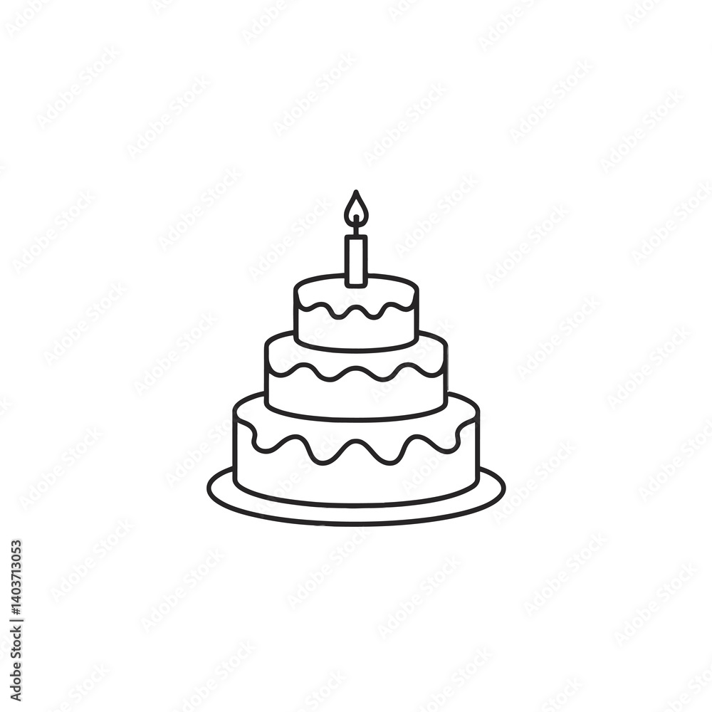 A simple line drawing depicts a three-tiered cake with wavy icing patterns and a single candle on top A simple line drawing depicts a three-tiered cake with wavy icing patterns and a single candle on top