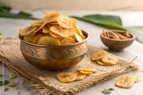 Kerala Banana Chips – Crispy Plantain Snack in Traditional Brass Uruli on Rustic Jute
