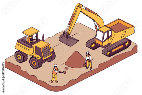 Vector of mining machinery and workers at an industrial mining site, isolated on white background.

