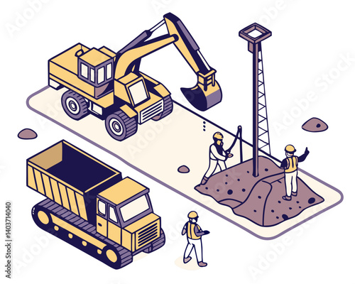 Vector of mining machinery and workers at an industrial mining site, isolated on white background.

