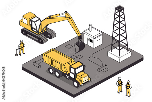 Vector of mining machinery and workers at an industrial mining site, isolated on white background.
