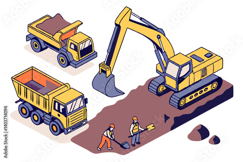 Vector of mining machinery and workers at an industrial mining site, isolated on white background.

