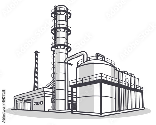 Vector of a large oil refinery with towers, tanks, and pipelines, isolated on white background.
