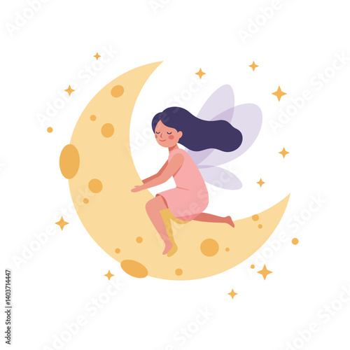 Girl with wings sitting on a crescent moon in flat vector art