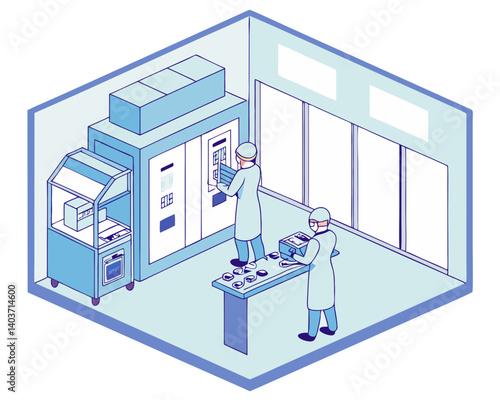 Vector of a cleanroom pharmaceutical factory with workers and lab equipment, isolated on white background.
