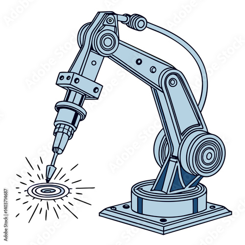 Vector of an industrial robot welding metal parts, isolated on white background.
