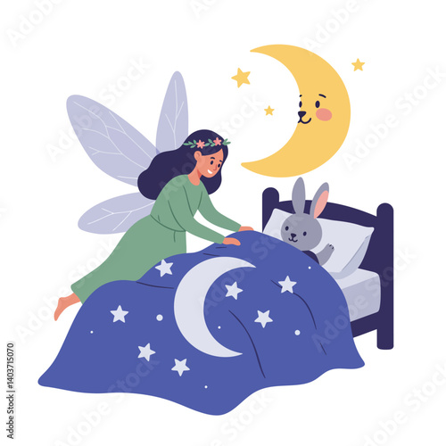Fairy tucking in a cute bunny under bright stars minimal vector illustration