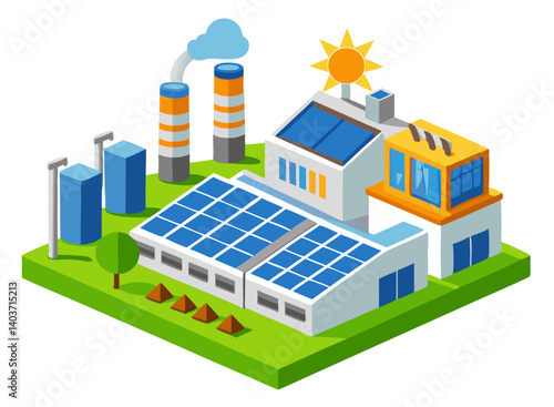 Vector illustration of a factory using solar panels for energy production, isolated on white background.
