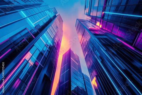 A high-end futuristic office campus with architectural lines neon blue purple glows accenting the smooth glass buildings an ambient cyber