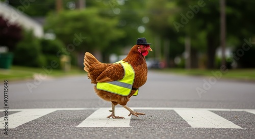 Chicken in safety vest and hat crossing a pedestrian crosswalk, showcasing humor and a playful scene on a suburban street