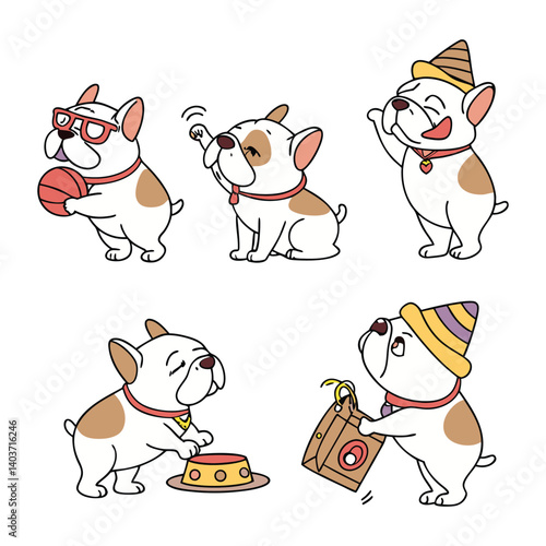 A set of six adorable cute cartoon bulldog illustrations funny activities