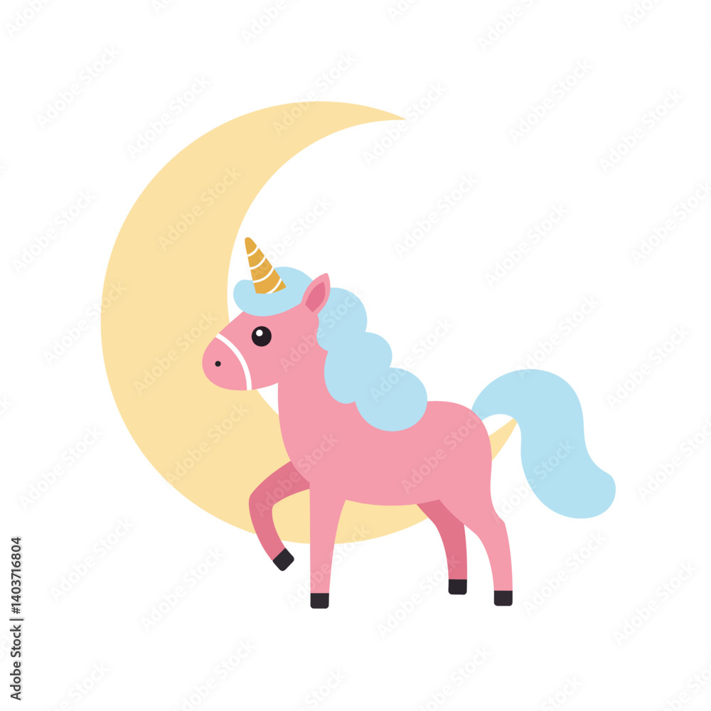 Fototapeta premium Cute pink unicorn walking under a crescent moon in flat vector art
