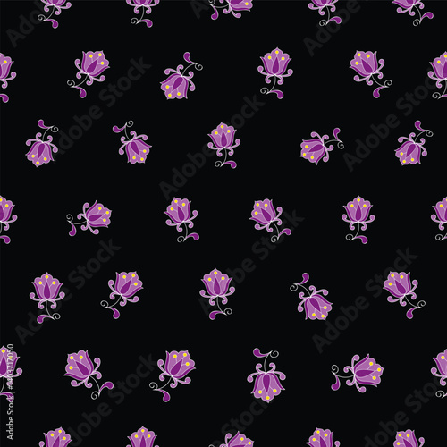 seamless repeat pattern with beautiful purple floral motifs with white outline on a black background perfect for fabric, scrap booking, wallpaper, gift wrap projects