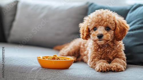 Cute Toy Poodle dog with bowl of food near sofa in living room