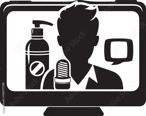 Silhouette icon of a product review video with play button and star rating. Ideal for e-commerce, marketing, content creation, and influencer branding.