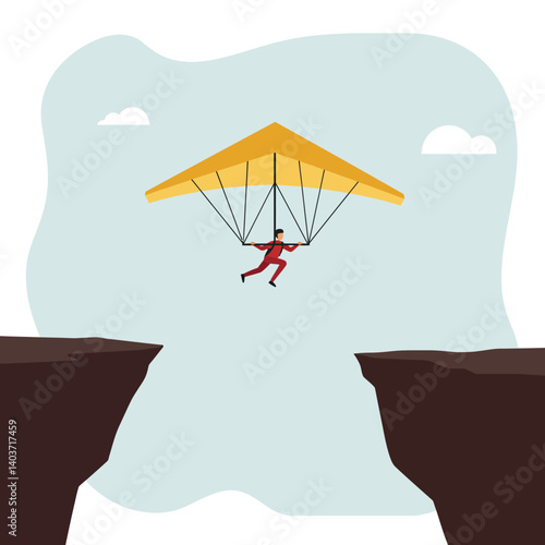 Hang glider soaring between cliffs in flat minimal vector art illustration
