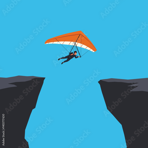 Hang glider soaring between cliffs in flat design vector art